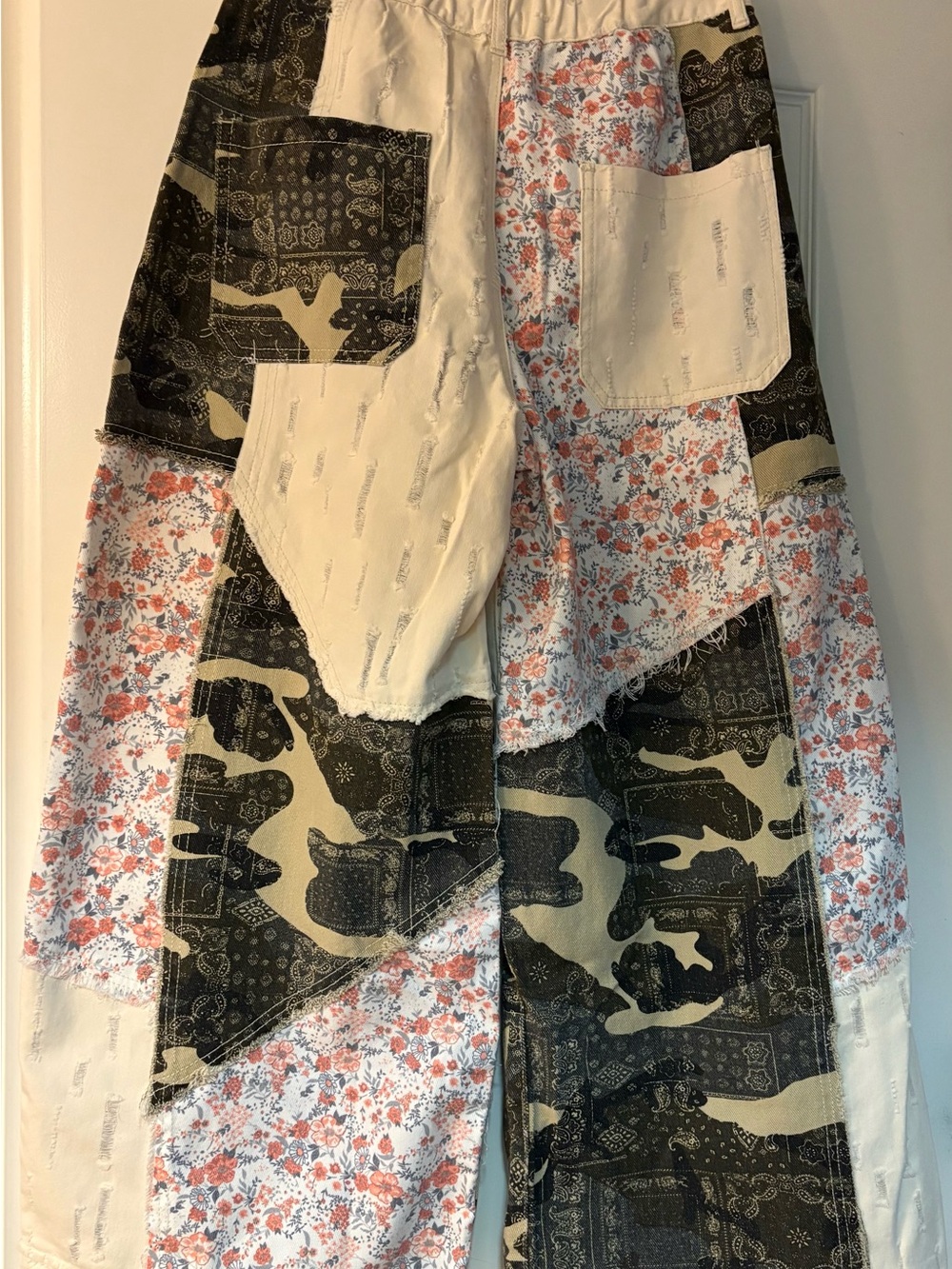 Wide-Leg Patchwork Pants in Olive & Cream - Picture 9 of 11